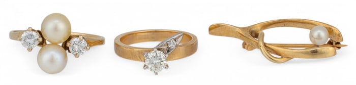 14K Diamond and Pearl Rings and Brooch