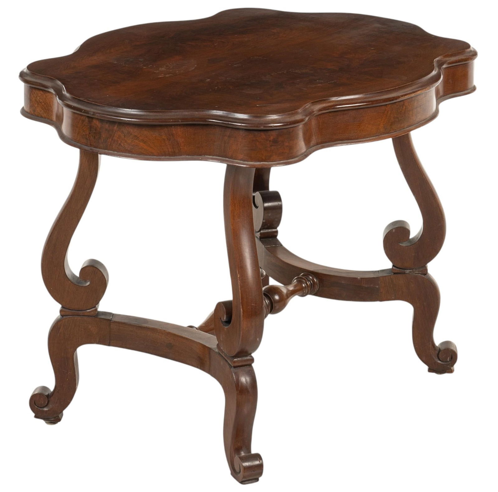 Wooden Side Table: Wooden side table with scrolled cabriole legs, with carved stretcher height 27.5 in. x width 37 in. x depth 28 in. Provenance: Property from the historic Steves Homestead in the King William neighbo