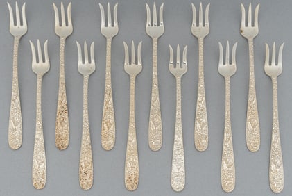 (12) "Repousse" by Kirk & Son Sterling Silver Cocktail Forks
