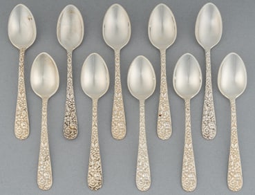 (10) "Repousse" by Kirk & Son Sterling Silver Demitasse Spoons