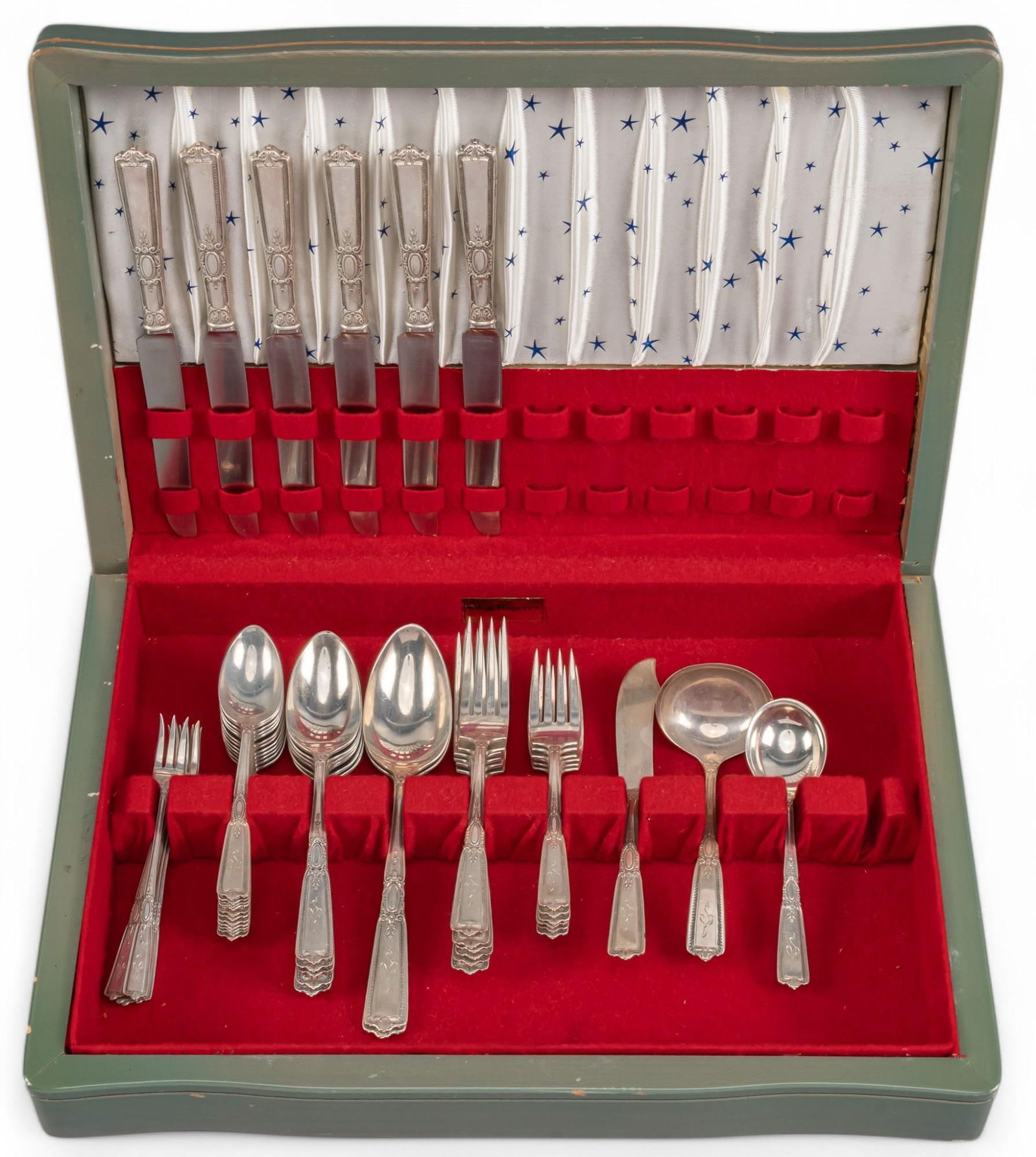 "Renaissance" by Wallace Silversmiths Sterling Silver Flatware Set: "Renaissance" by Wallace Silversmiths sterling silver flatware set of 47 pc, service for 6, monogram "A" Includes: 6 dinner knives 8 1/2 in. 6 dinner forks 7 in. 6 salad forks 6 cock