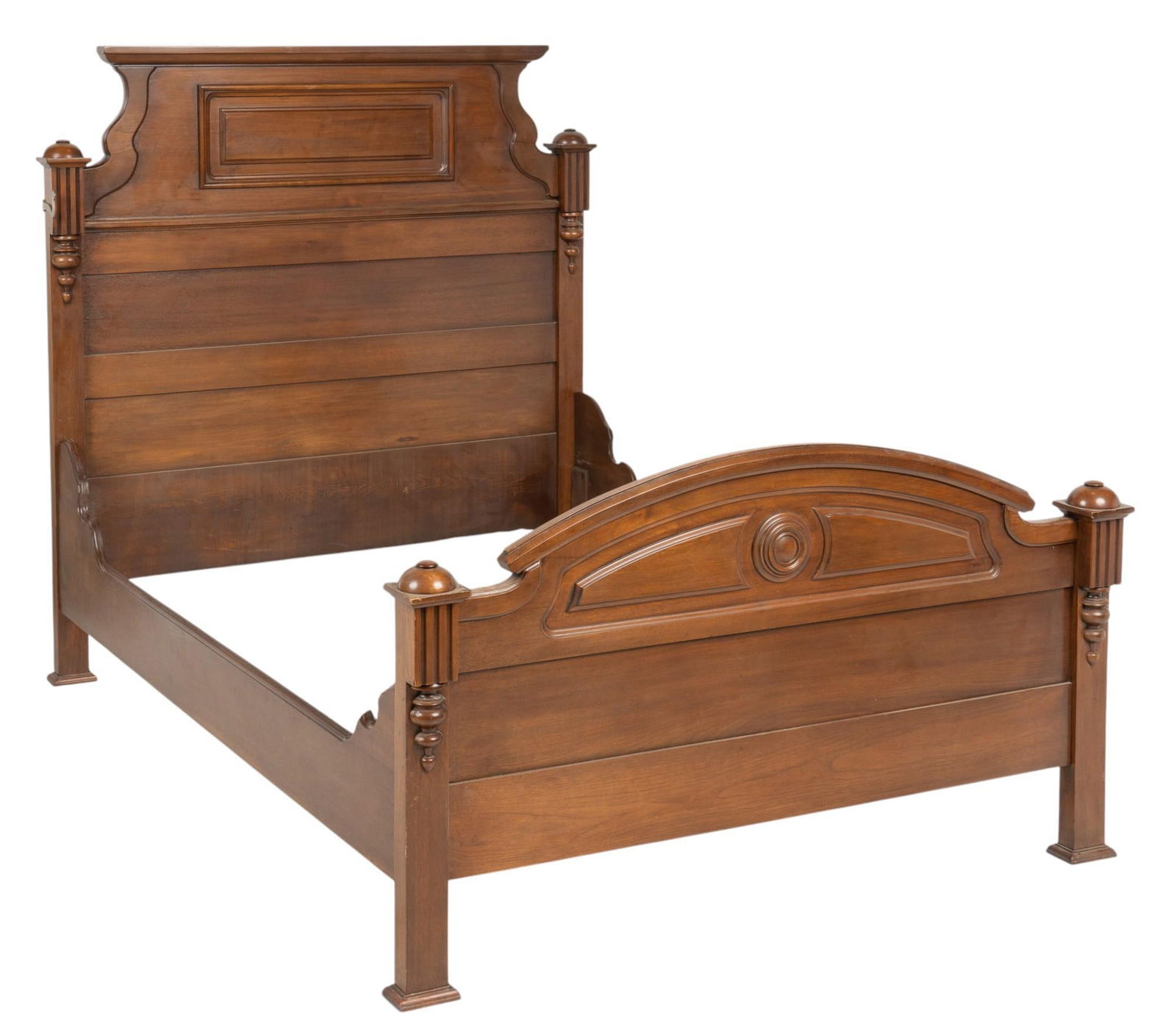 Victorian Style Wooden Bedframe: Victorian style wooden bed frame, with headboard with curved shoulders bordered by fluted posts with decorative finials and raised rectangular molding, and foot board with carved circular medallion, r