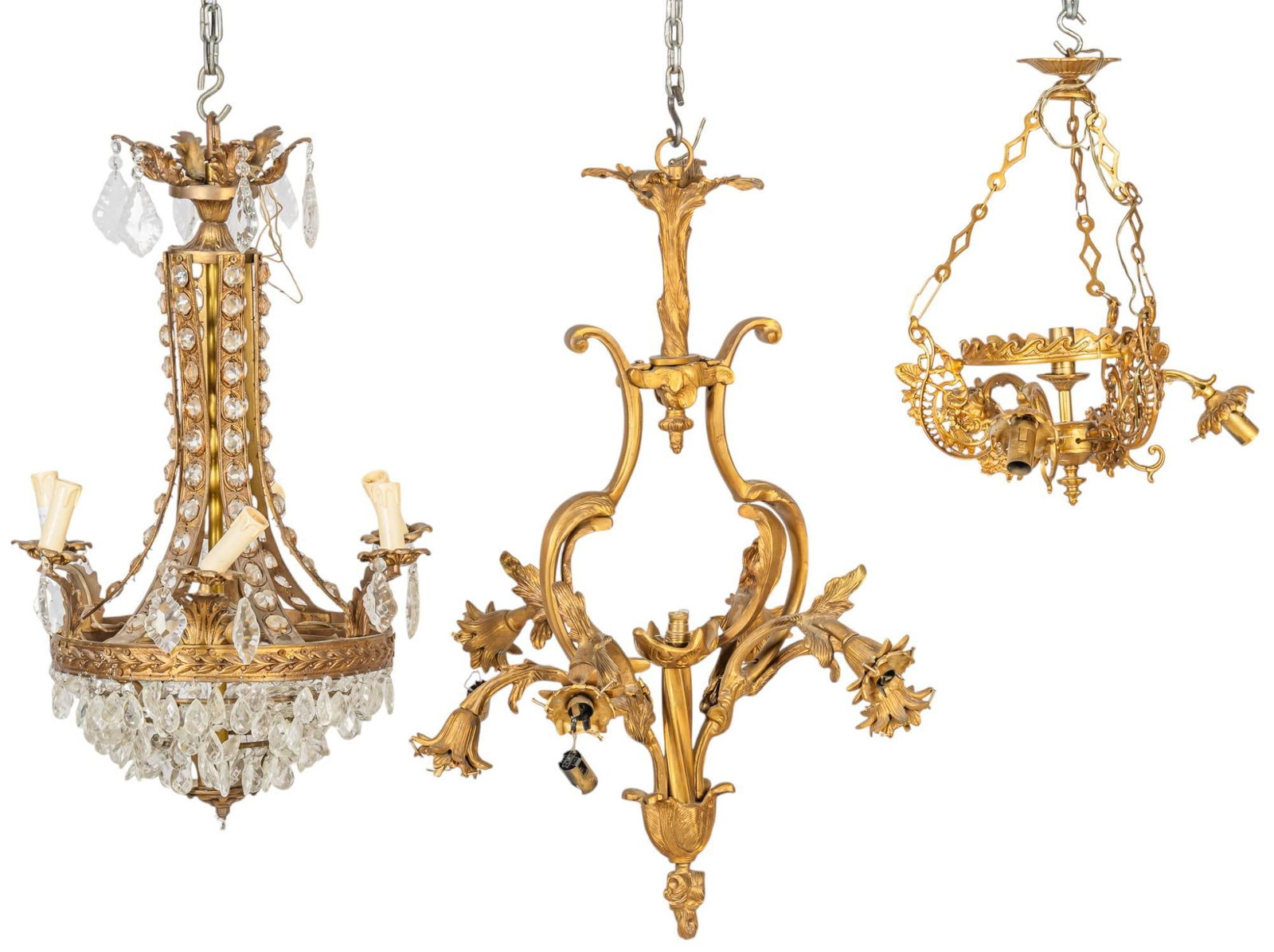 (3) Louis XVI Style Chandeliers: Collection of three Louis XVI style chandeliers, various sizes, one with series of crystal beads, pendants, and faux candle fixtures, and the other two having scrolled design, with downward facing fix