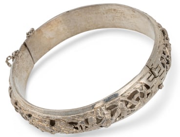 Carved Silver Bangle Bracelet