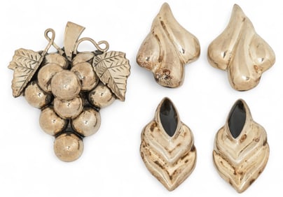 Pair of Mexican Sterling Silver Earrings and Brooch