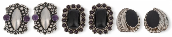 (3) Pairs of Mexican Sterling Silver Onyx and Amethyst Earrings