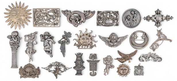 Large Collection of Sterling Silver Figural Brooches