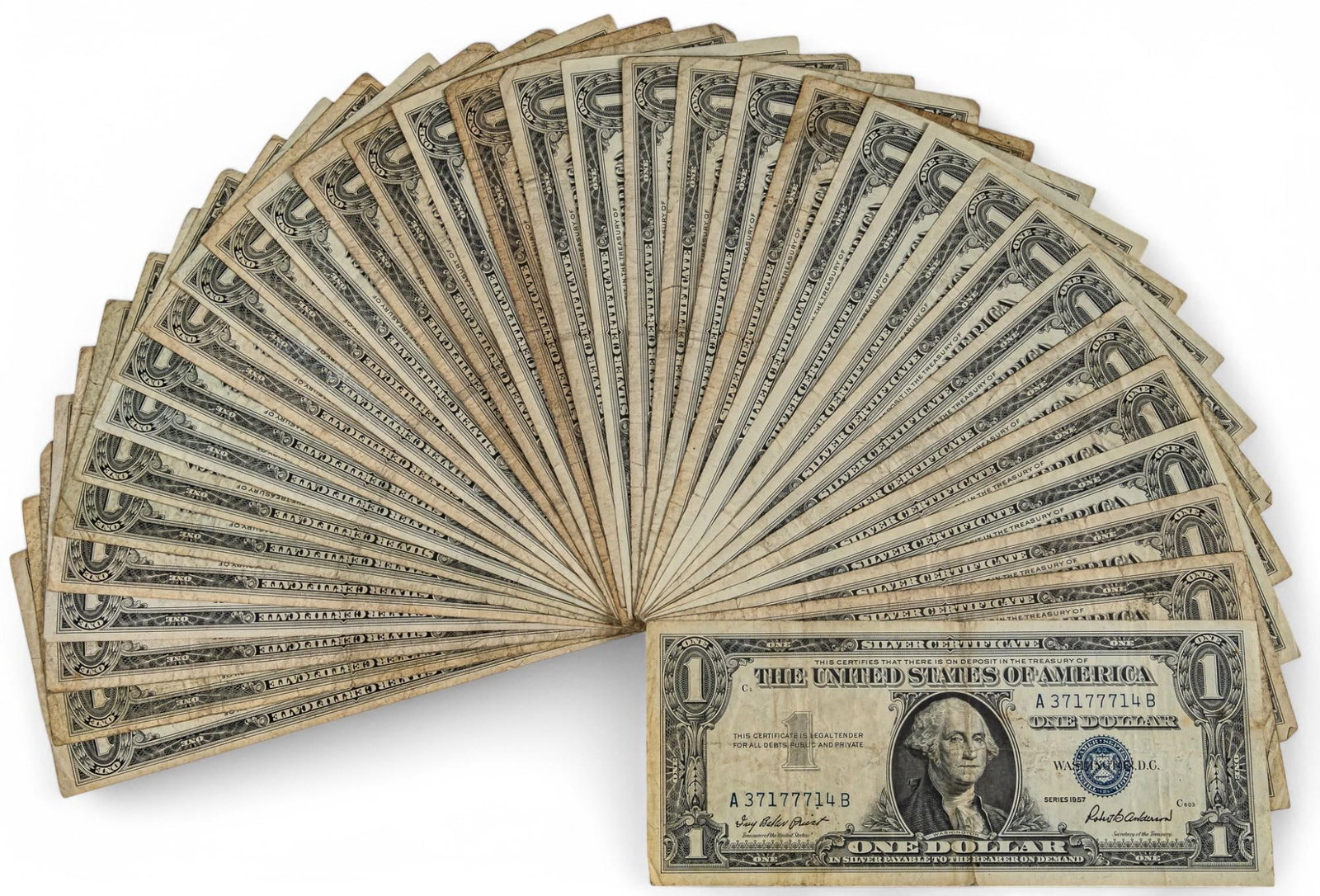 (34) $1 Blue Seal Dollar Bills: (34) $1 blue seal dollar bills, ungraded 