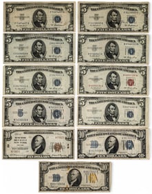 (8) Red and Blue Seal $5 Bills and (3) $10 Bills