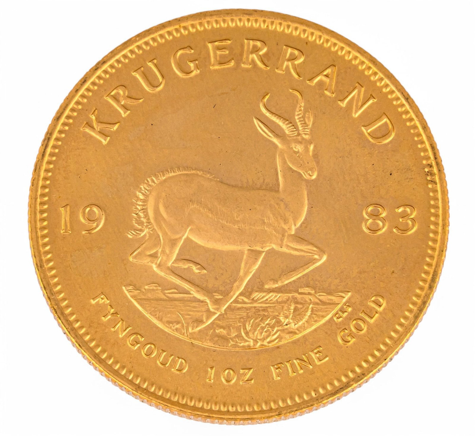 South African Gold Krugerrand Coin: South African gold Krugerrand coin Total weight: 33.9 g Property from the historic Boerne, Texas ranch of antiques dealer Theda Ann Sueltenfuss and her husband Paul DeNicola