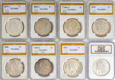 (7) Graded Morgan Silver Dollars and (1) Silver Peace Dollar