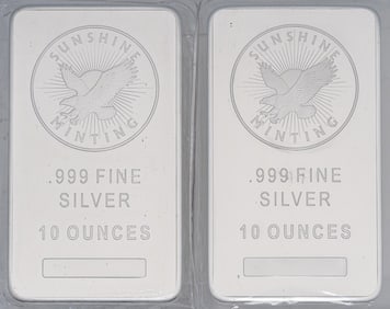 (2) Sunshine Minting 10 ozt Fine Silver Bars