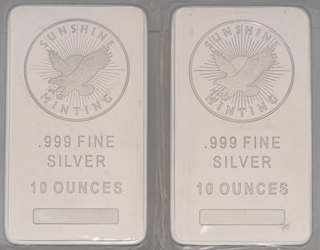 (2) Sunshine Minting 10 ozt Fine Silver Bars