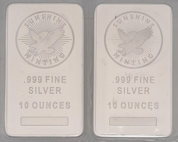 (2) Sunshine Minting 10 ozt Fine Silver Bars