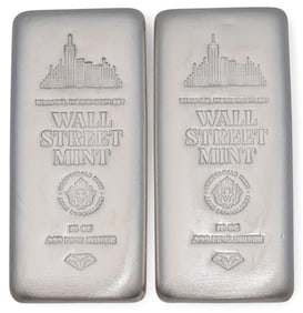 (2) Wall Street Mint 10 ozt Fine Silver Bars