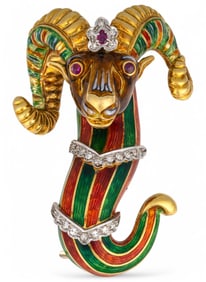 18K Enameled Diamond Ram's Head Scarf Pin