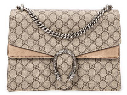 Gucci Medium Dionysus Shoulder Bag: Gucci Medium Dionysus shoulder bag of beige Supreme coated canvas with silver interlaced chain strap, marked 403348-213317; third-party authenticated 11.5 in. x 8.5 in. x 1.5 in. Condition A; excelle