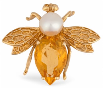 14K Citrine and Pearl Bee Brooch