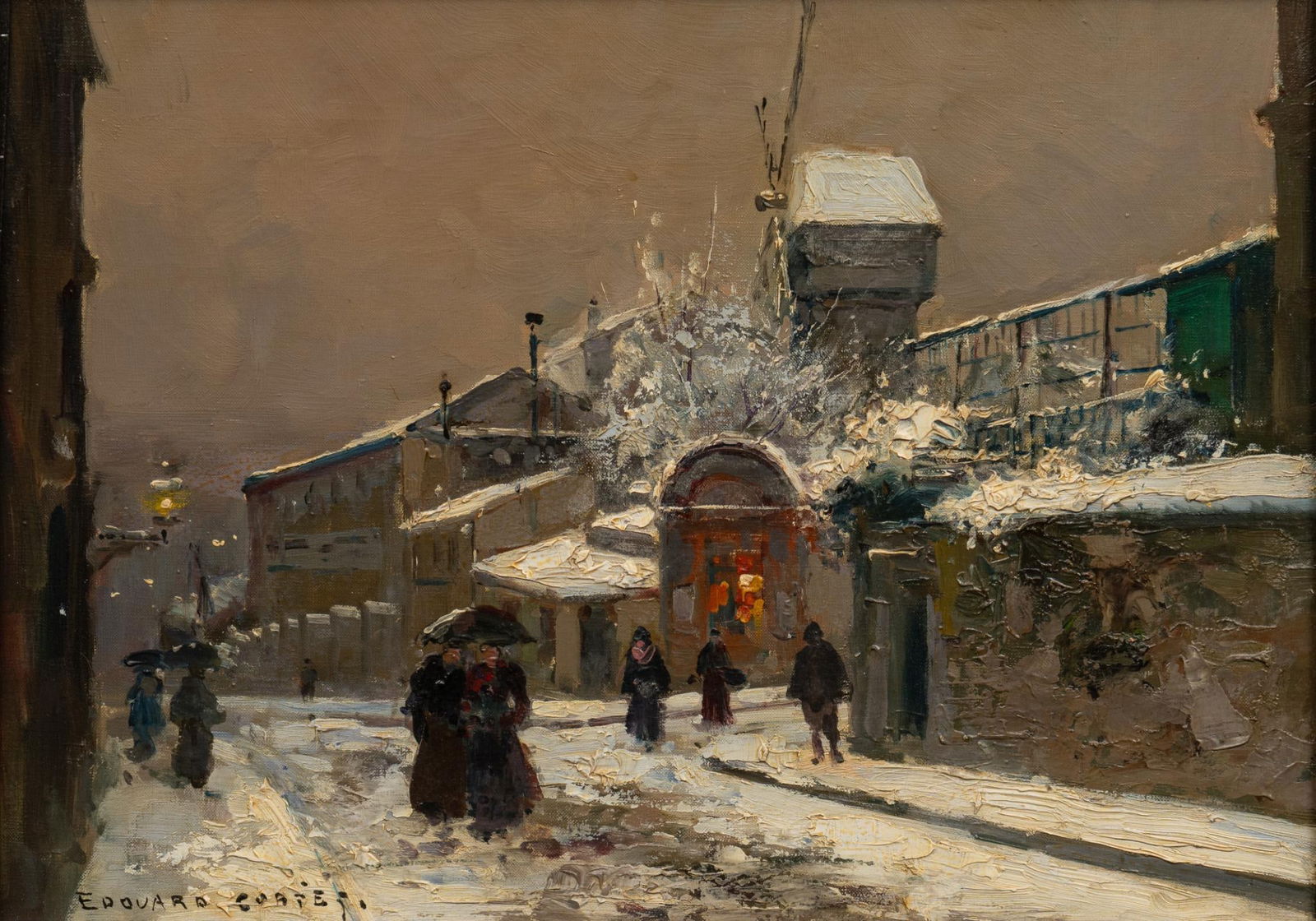 Edouard Cortes, "Moulin de la Galette": Edouard Leon Cortes (France, 1882-1969), "Moulin de la Galette en la Neige", ca. 1950-1955, oil on canvas; it is EC001243 in the Edouard Cortes Virtual Catalogue Raisonne (Brian Roughton, Dallas, Texa