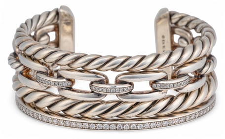 David Yurman Wellesley Link Pave Three-Row Cuff Bracelet