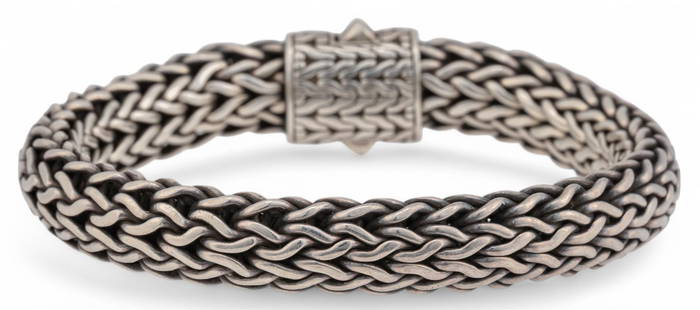 John Hardy Classic Chain Bracelet: John Hardy classic chain bracelet, sterling silver bracelet with woven chain, marked "JH 925", with box Circumference: 8 in. Total weight: 2.09 ozt Provenance: Property from a long time Sa