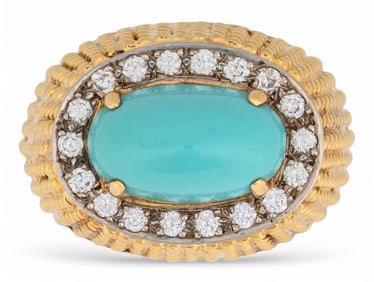 18K Cabochon Turquoise and Diamond Ring