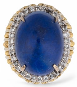 14K Cabochon Lapis and Diamond Halo Ring