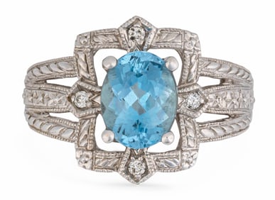 14K White Gold Aquamarine Diamond Ring