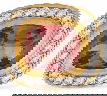 18K David Yurman Pink Tourmaline and Diamond Ring: 18K gold David Yurman pink tourmaline and diamond ring featuring central pink tourmaline stone surrounded by row of round cut diamonds, size 5, marked "DY 750" Total weight: 19.0 g Provenan