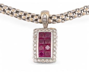 18K White Gold Ruby and Diamond Pendant Necklace