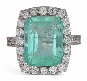 14K White Gold Emerald and Diamond Halo Ring