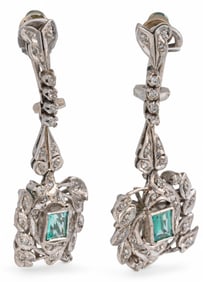 Platinum Art Deco Diamond and Emerald Earrings