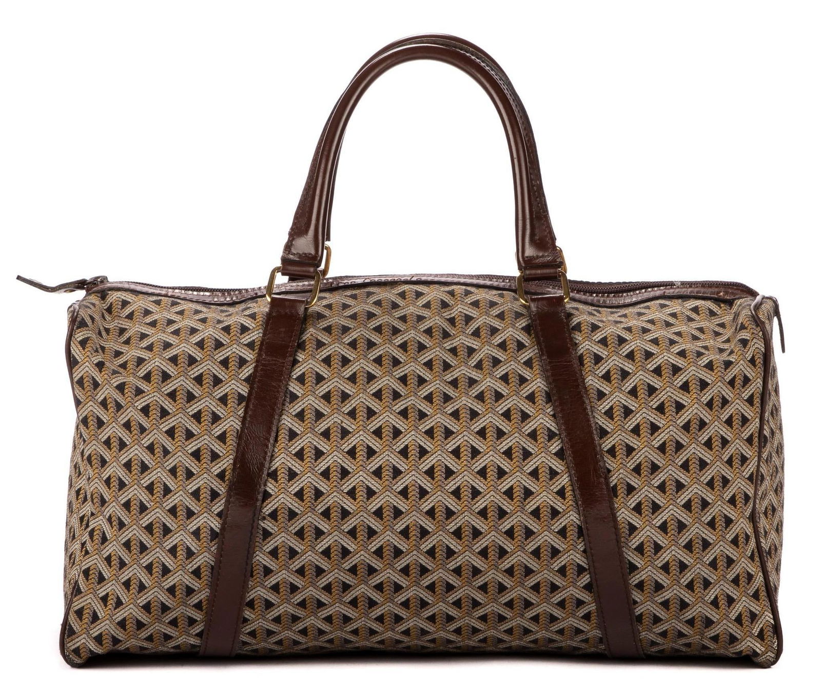 Vintage Goyard Boston 48H: Vintage Goyard Boston 48H travel bag of brown fabric canvas, with brown leather handles, and golden brass hardware, includes dust bag; third-party authenticated 18 in. x 9 in. x 7 in. Condition AB