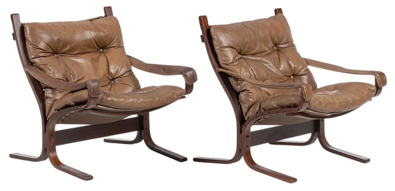 Pair of Ingmar Relling (NOR) for Westnofa Siesta Chairs: Pair of Ingmar Relling for Westnofa (Denmark) Siesta chairs, with bentwood frames, and quilted brown leather cushions, marked with sticker label height 32 in. x width 28 in. x depth 30 in. / each