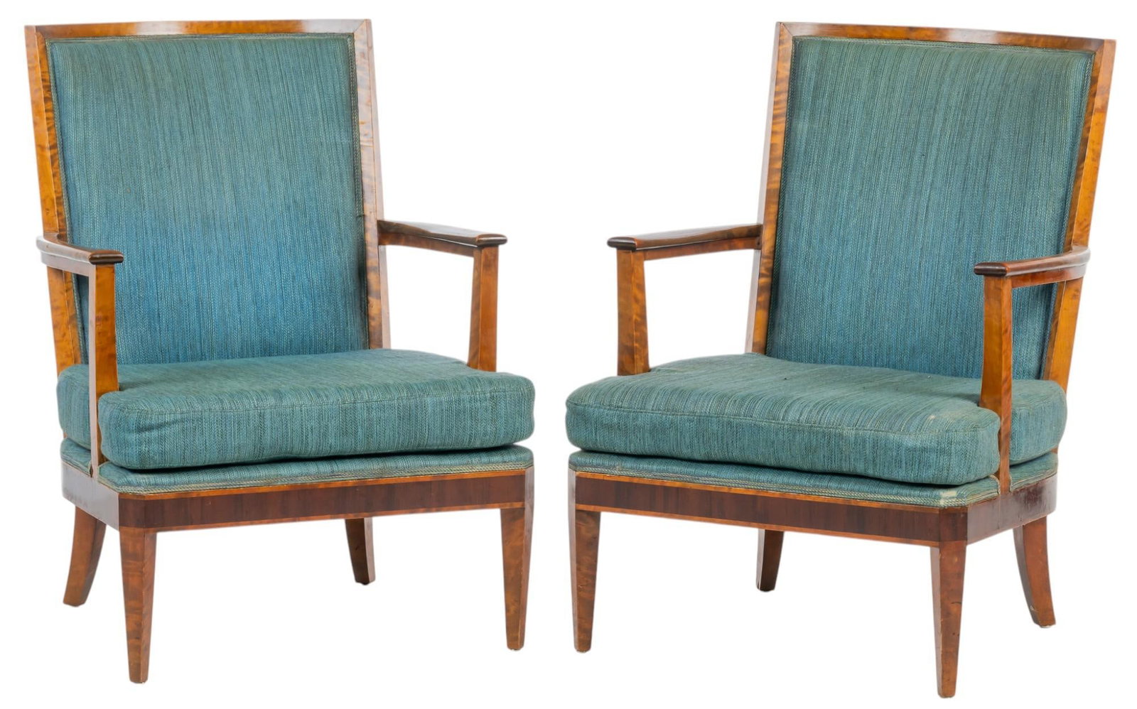 Pair of Mid-Century Upholstered Armchairs: Pair of mid-century armchairs with blue upholstery throughout, wooden frame and armrests, on tapered block legs height 36 in. x width 26 in. x depth 30 in.