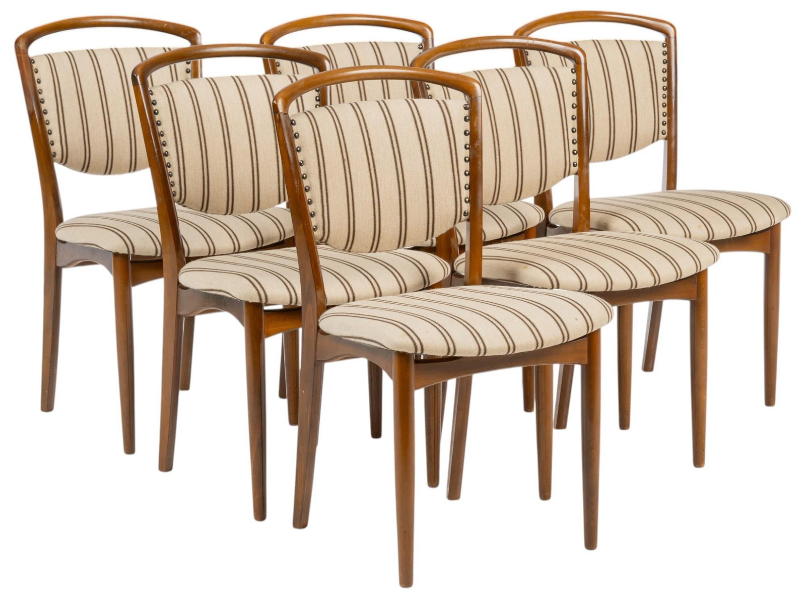 (6) Danish Mid-Century Dining Chars: Set of six Danish mid-century dining chairs with wooden frame, and cushioned seat and back clad in striped upholstery fabric, with metal nail trim height 33 in. x width 19 in. x depth 20 in. / each