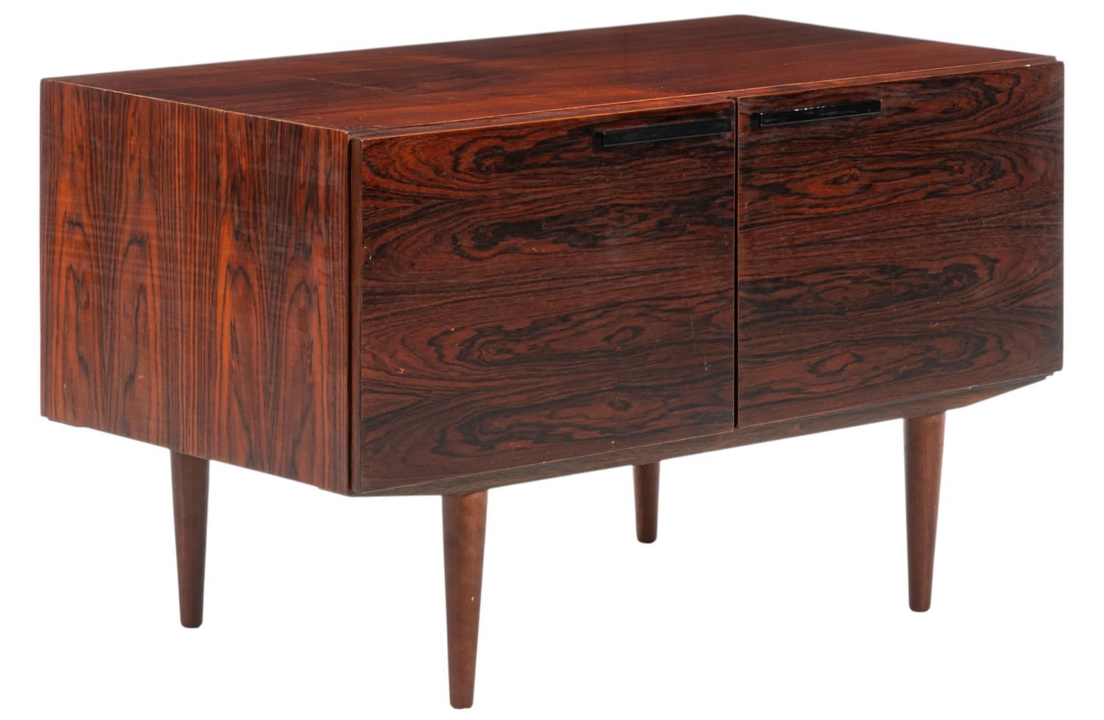 Small Danish Mid-Century Credenza: Small Danish mid-century credenza with pair of cabinet doors that open to divided interior storage with adjustable shelf on each side, supported on pin legs height 26.5 in. x width 45 in. x depth 23