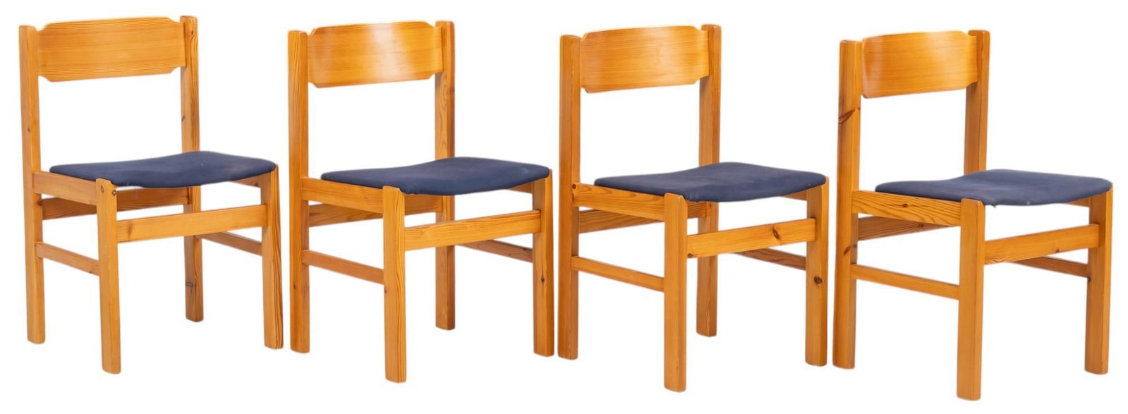 Set of (4) Danish Mid-Century Dining Chairs: Set of four Danish mid-century dining chairs, each featuring blue upholstered seat, rising on stretchered block legs height 31 in. x width 18 in. x depth 18 in. / each Condition: Some discoloration on