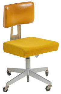 Mid-Century Yellow Office Chair: Mid-century office chair by GoodForm, yellow, with leather back and upholstery seat, aluminum frame ending in castersheight 32 in. x width 15 in. x depth 18 in.Provenance: Property from an Olmos Park,