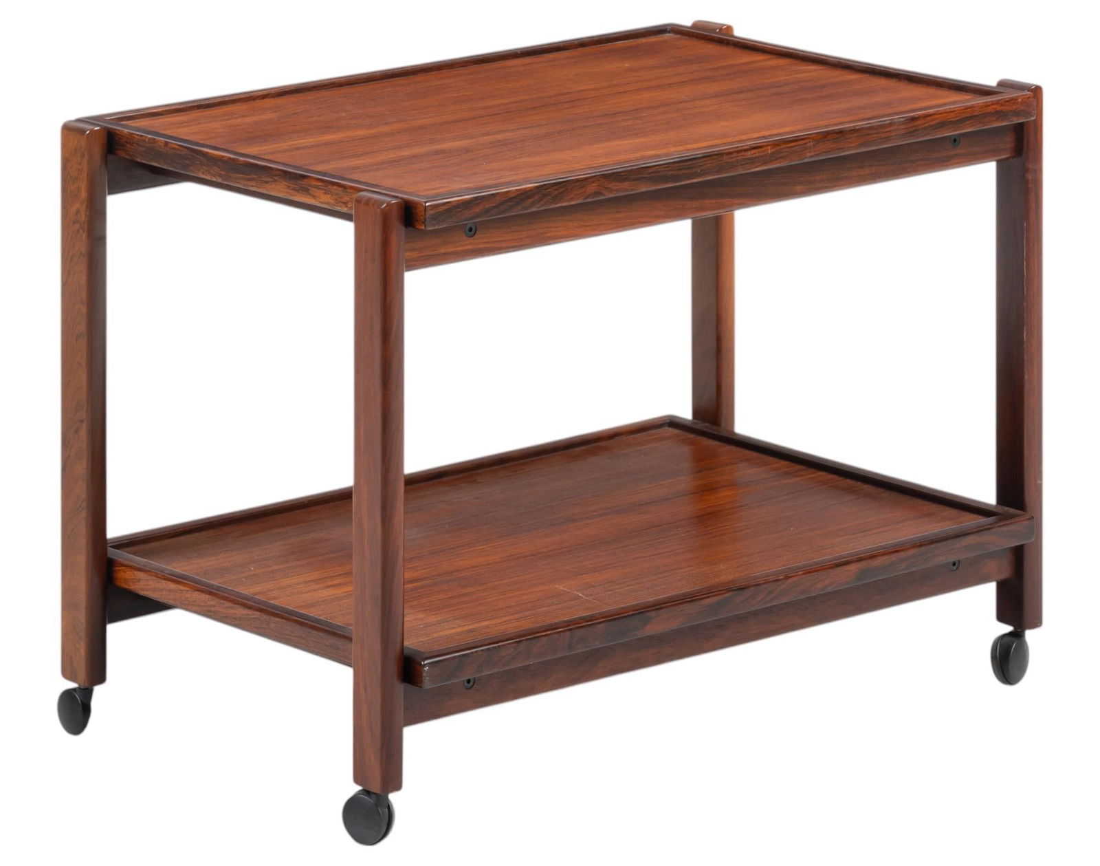 Mid-Century Danish Cocktail Trolley: Mid-century Danish cocktail trolley with two tiers, on casters height 21 in. x width 29.5 in. x depth 19.5 in.
