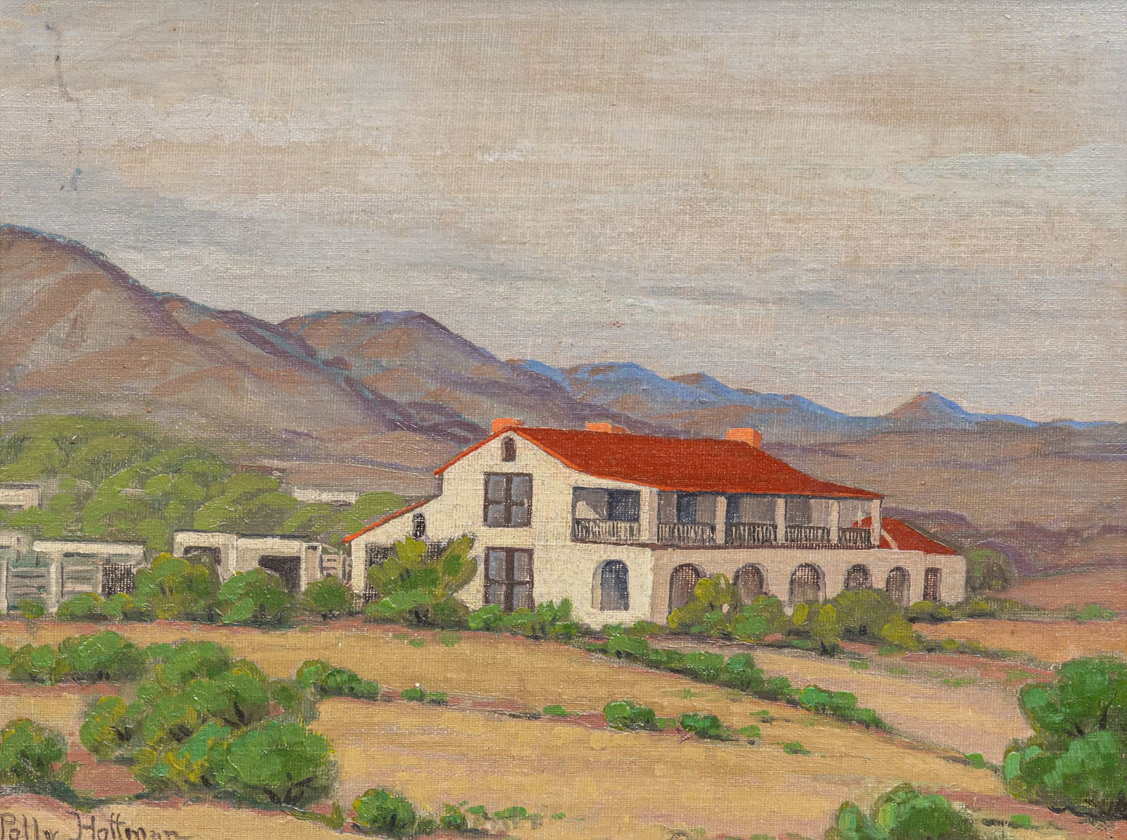 Polly Johnston Hoffman, West Texas Hacienda: Polly Johnston Hoffman (Texas, 1890-1949), West Texas hacienda scene, oil on canvas board sight: 12 x 16 in., frame: 16 x 19.5 in. 