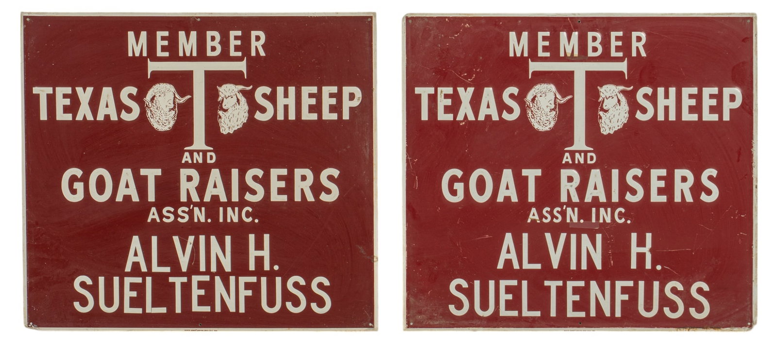 Pair of Texas Sheep & Goat Raisers Member Signs: Two Texas Sheep and Goat Raisers Association member signs, with white lettering on red background and a central logo with a sheep and goat height 18 in. x width 20 in.