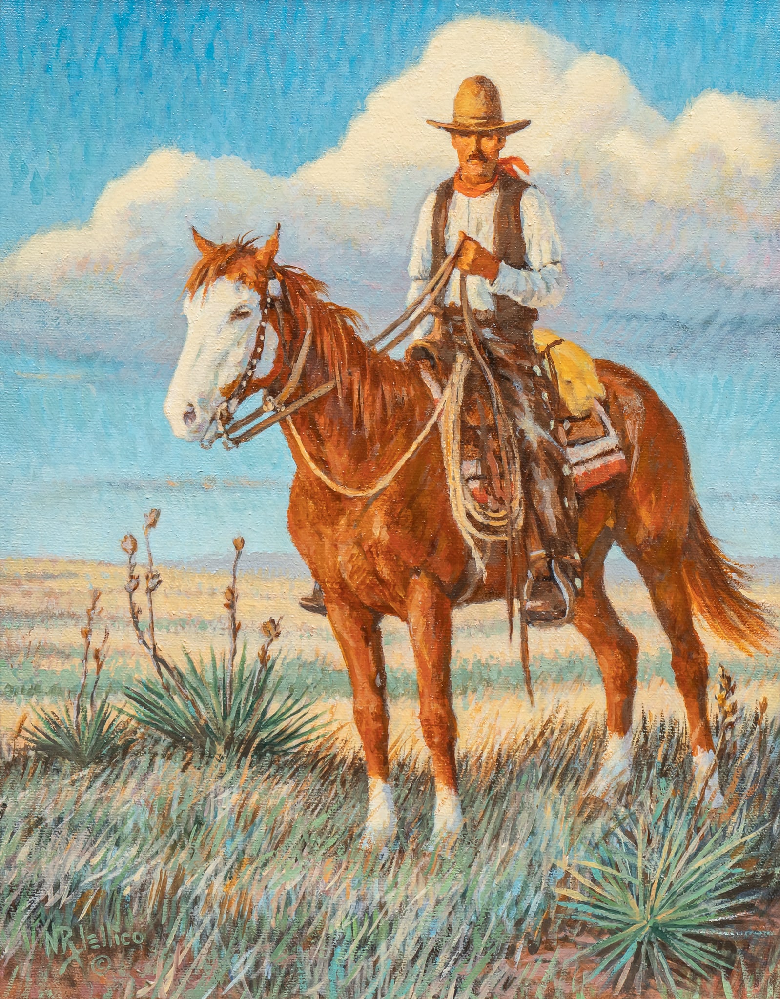 Nancy Jellico, "Born in the West": Nancy Jellico (American, b. 1939), "Born in the West", oil on canvas sight: 13.5 x 10.5 in., frame: 27 x 19.5 in. 