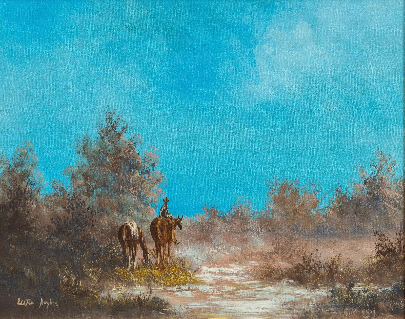 Lester Hughes, Cowboy Against Blue Sky: Lester C. Hughes (Texas, 1938-2021), lone cowboy and packhorses, oil on canvassight: 16 x 20 in., frame: 19.5 23.5 in.Provenance: Property from the ranch home of a prominent businessman in Miner