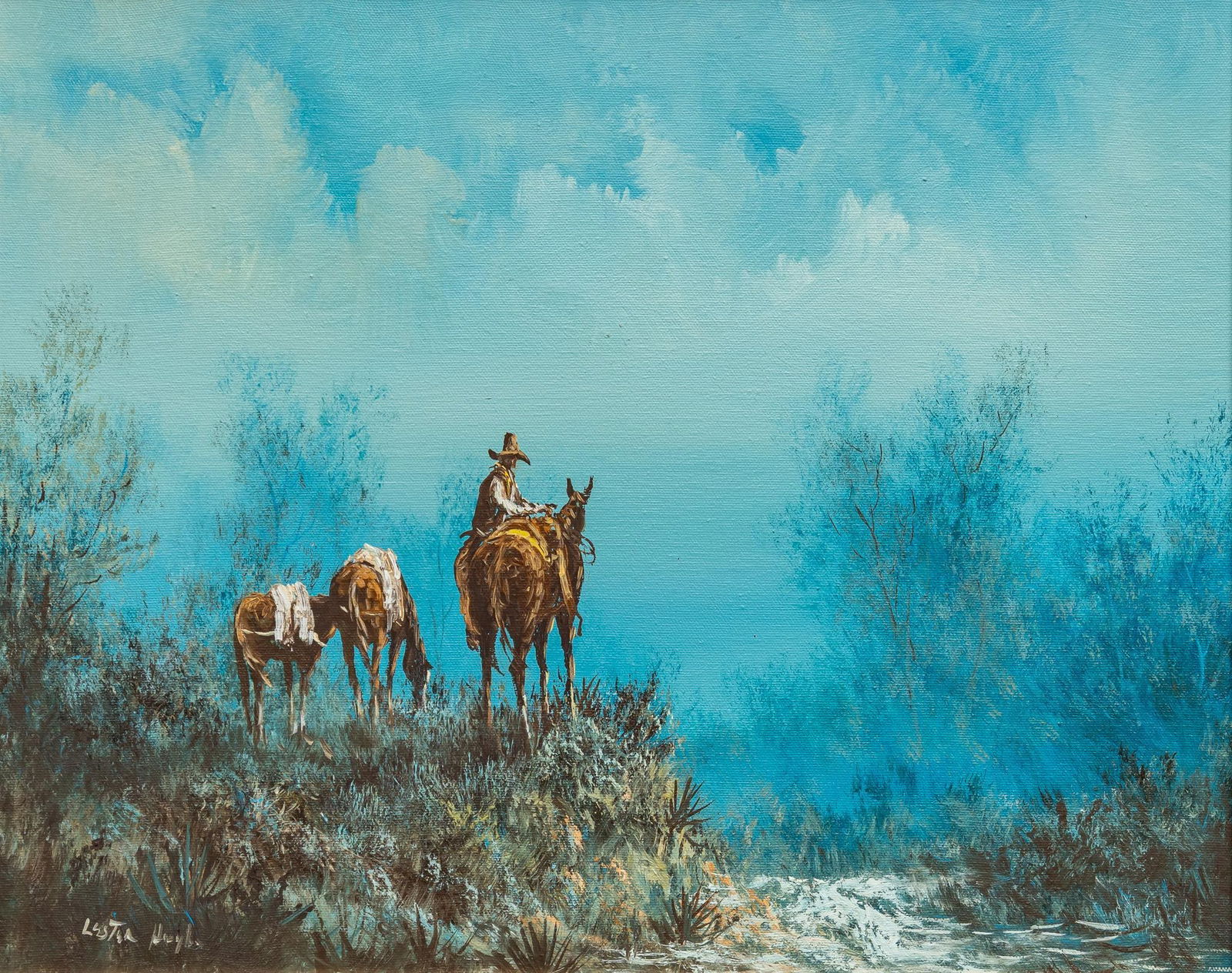 Lester Hughes, Cowboy Saddling Up: Lester C. Hughes (Texas, 1938-2021), lone cowboy saddling up his packhorse against blue sky, oil on canvassight: 16 x 20 in., frame: 19.5 in. x 23.5 in.Provenance: Property from the ranch home of a pr