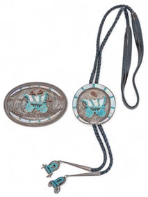 Sterling Silver Turquoise and Mother of Pearl Wagon Motif Bolo Tie and Buckle