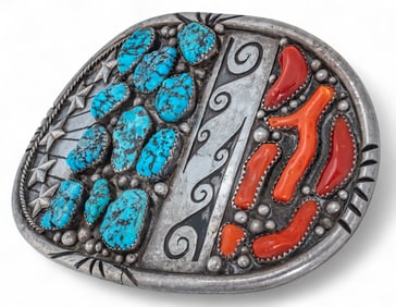 Sterling SIlver Turquoise and Coral Belt Buckle