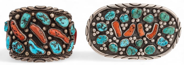 Navajo Sterling Silver Turquoise and Coral Cuff and Buckle