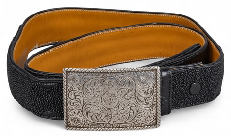 Black Leather Belt with Sterling Buckle