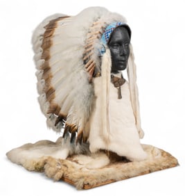Native American Headdress on Mannequin in Glass Case